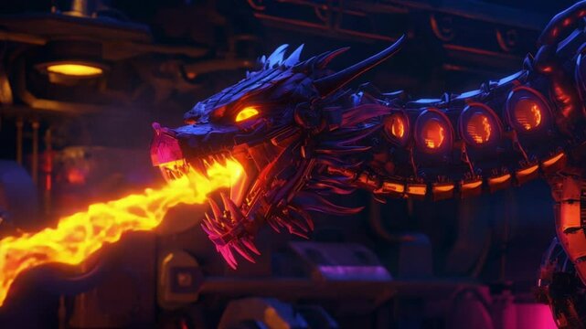 A fierce mechanical dragon breathes fire in a vibrant, sci-fi atmosphere.