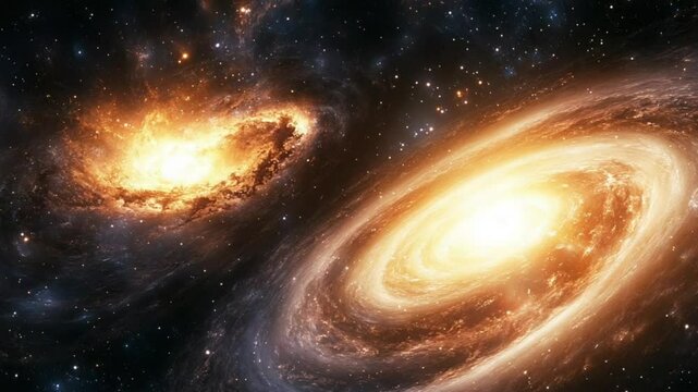 A stunning depiction of two glowing galaxies in the vast universe.