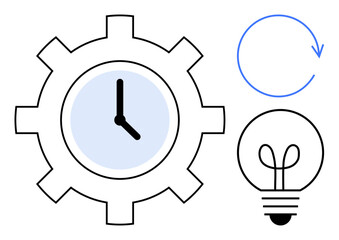 Gear-shaped clock signifies time management, light bulb represents ideas, circular arrow implies iteration. Ideal for productivity, innovation, planning, workflow, strategy, efficiency