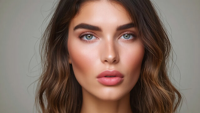 Portrait of a woman with light blue eyes full lips and wavy brown hair