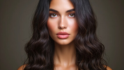 Fototapeta premium Portrait of a woman with wavy dark hair and light brown eyes