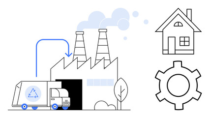 Recycling truck near factory with chimneys emitting smoke, arrow indicating process flow, house, gear. Ideal for sustainability, recycling, industry process, eco-logistics, innovation manufacturing