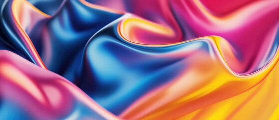 Colorful silk fabric texture background with smooth waves of blue, pink, and orange hues, perfect for fashion, design, and textile industry applications.