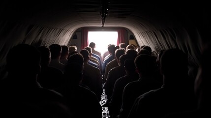 Silhouetted Crowd in Dark Tunnel Awaiting Bright Light