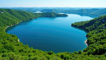 Irregular shaped lake with meandering shoreline and islands, pond, aerial, winding