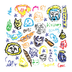 Childhood dreams and fantasies. Kids imagination. Fairy tales for children. Fantasy children's hand drawings on the wall with colored crayons. Scribble in the background. Funny cartoon characters. Iso