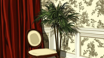 Elegant corner room with lush foliage and rich decor.