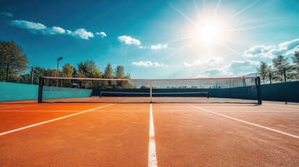 Brilliant sunshine illuminates a pristine tennis court, promising vibrant play