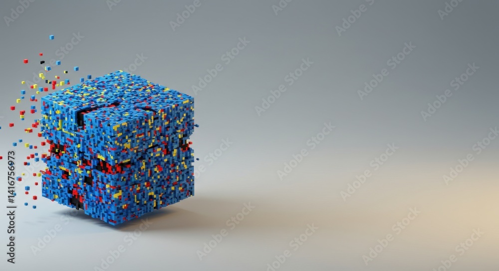 Poster abstract 3d render of a disintegrating colorful cube on a light gray background