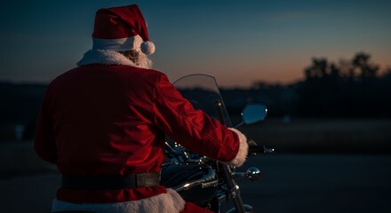 Fototapeta premium Santa Claus Riding Motorcycle at Dusk