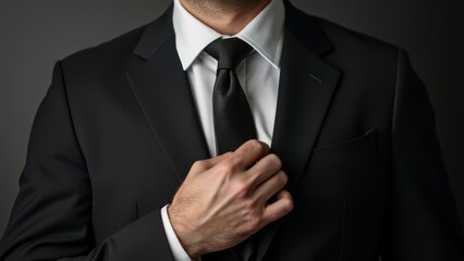 Businessman in a black suit adjusting his tie