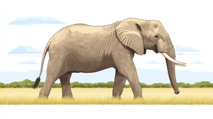 Fototapeta premium Pixelated african elephant wildlife art walking through savannah landscape with sparse pixel art grass and trees digital illustration for design projects
