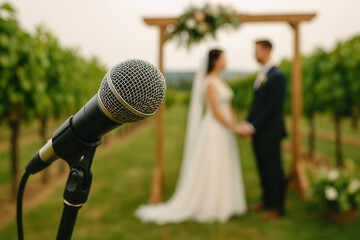 Wedding ceremony with microphone vineyard venue photography romantic setting close-up view