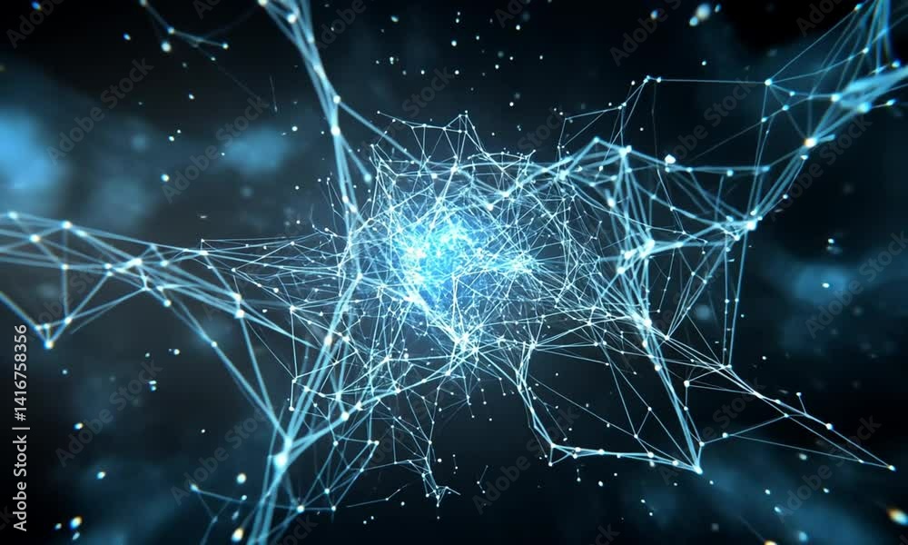 Poster 3D animation of a web with glowing blue circuits and pulsating currents created with Generative AI technology