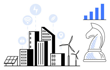 Modern cityscape with buildings, wind turbines, solar panel, icons for technology and sustainability, bar chart, chess knight. Ideal for urban planning, sustainability, renewable energy smart