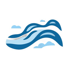 Obraz premium Stylized blue whale swimming through wavy waters under a clear sky with fluffy clouds, representing ocean life and environmental conservation themes , isolated on white or transparent png