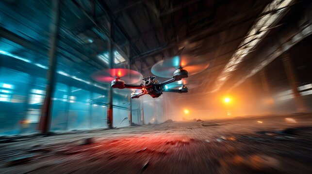 High-Speed Racing Drone in Mid-Flight Through Abandoned Warehouse – of Futuristic Extreme Sports and FPV Drone Competitions