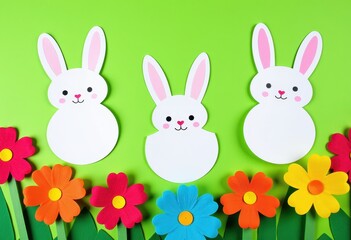 Three White Paper Cutout Easter Bunnies and Colorful Flowers on Green Background