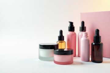 Various cosmetic containers on white backdrop , advertising, form, high resolution