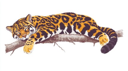 Naklejka premium Pixelated feline serenity lounging on a limb showcasing its iconic spotted pattern capturing tranquility and a relaxed wild animal wildlife