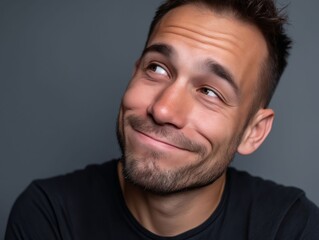 Fototapeta premium A man with a smile on his face looking up at the sky