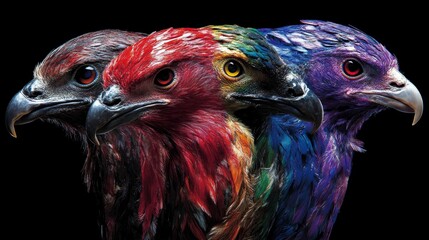 Three avian heads converge in a captivating array of chromatic hues, creating an impression of vibrancy and diversity against a stark background darkness