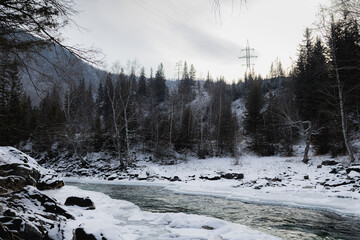 winter in the mountains, nature photography, mountain river