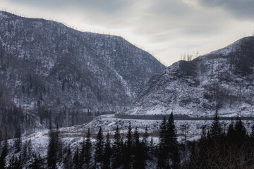 winter in the mountains, nature photography, road in the mountains