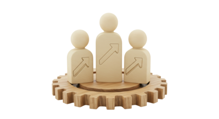 Isolated Teamwork Figures on Gear with Upward Arrows Symbolizing Growth
