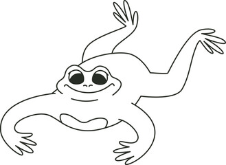 Funny frog lies on its stomach. Anthropomorphic animal in doodle style.