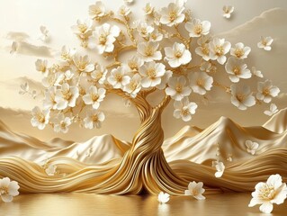 A golden tree blossoms with exquisite detail against a backdrop of flowing landscape. Experience the essence of nature, a testament to resilience and beauty. 