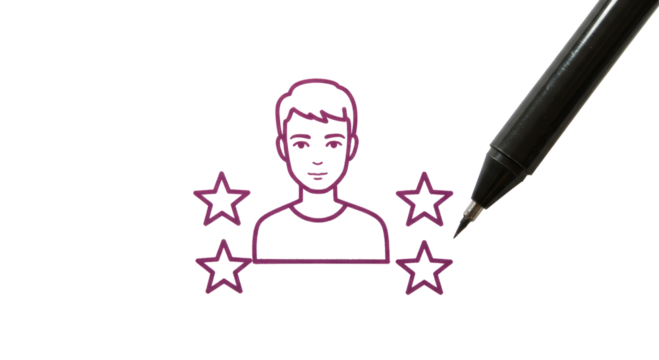 Isolated Line Drawing of Person with Stars and Pen for Rating