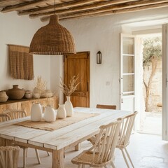 Dining table and kitchen in wooden scandinavian boho style. Table setting in white and beige tones. Country bohemian interior design, 3d illustration