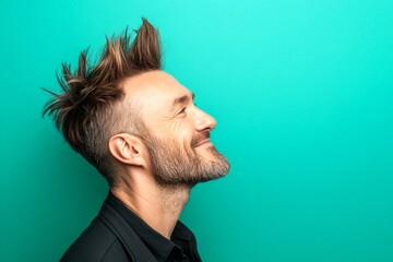 Obraz premium Chic men's colored punk haircut - midlife white man with hair. A cheerful man radiating warmth and positivity. Green solid background. Conceptual art of style for aging men.