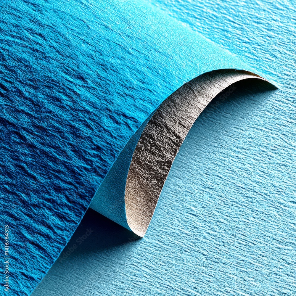 Poster abstract cyan: a textured paper unfolding, revealing a metallic interior surface with subtle details