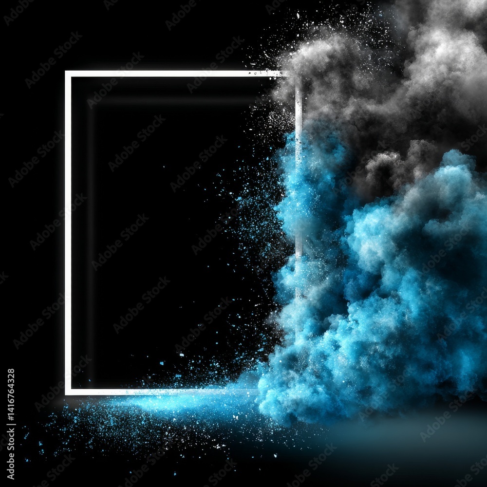 Aufkleber Abstract Frame with Blue and Gray Powder Explosion on Black Background: Dynamic and Modern Design