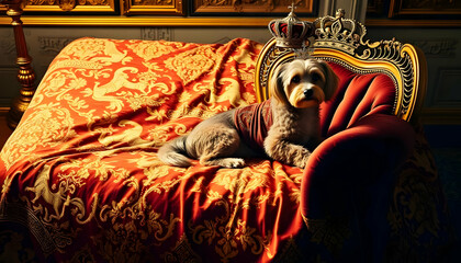 Regal Dog on Ornate Bed Draped in Luxurious Red Fabric