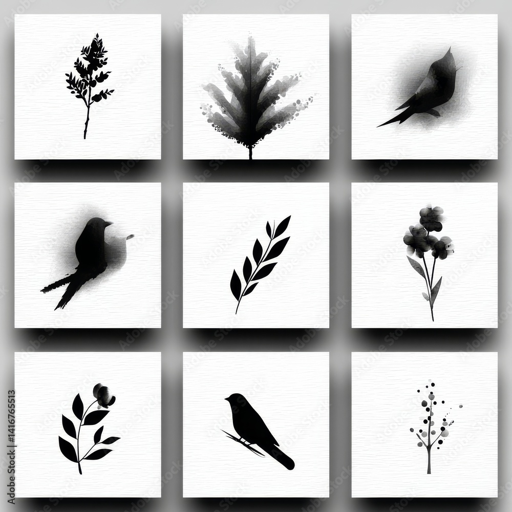 Aufkleber Black and White Botanical and Bird Illustrations, Featuring Nature's Elegance in Square Layout on Subtle Textured Paper
