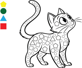Cute Coloring Page Cat with Geometric Shapes for Kids