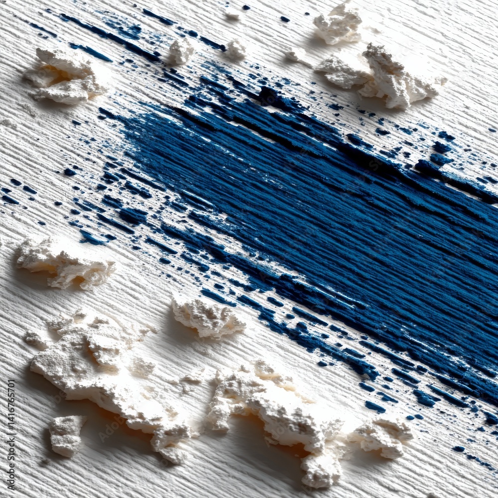 Aufkleber Blue Brushstrokes and White Chunks: An Abstract Texture with Contrasting Colors and Textural Elements on a White Background