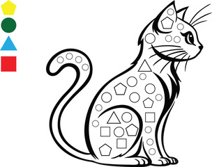 Cute cartoon cat coloring page with geometric shapes