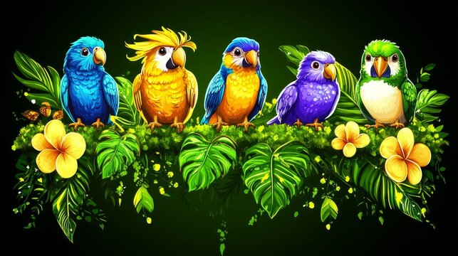 Enchanting tropical avian artwork vibrant plumage botanical flourish whimsical birdlife exotic parrots colorful foliage digital illustration