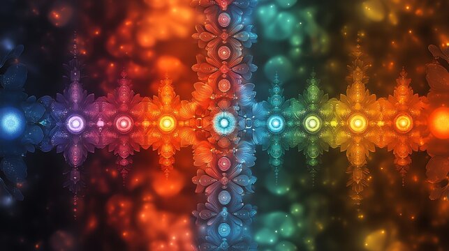 Explore the serene beauty of chakra symbols gently pulsing in vertical alignment for spiritual balance and harmony.
