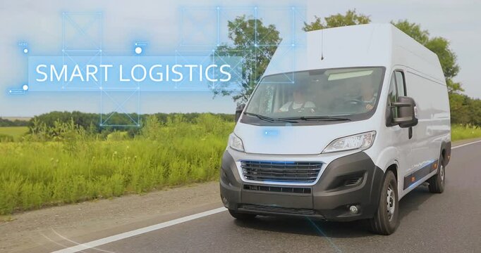  A white van drives on a country highway and delivers goods to a customer. The concept of smart logistics. Fast delivery with smart logistics. A white van delivers goods to a customer. 
