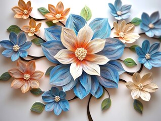 A delicate and intricate arrangement of paper flowers in shades of blue, white, and orange, crafted with meticulous detail, evokes a sense of tranquility and artistry.