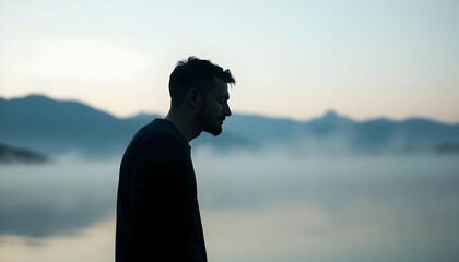 Fototapeta premium Contemplative Man Silhouette Against Misty Lake at Dawn