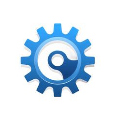 Obraz premium A blue and white gear icon representing technology and innovation, symbolizing mechanics and engineering in a digital context , isolated on white or transparent png
