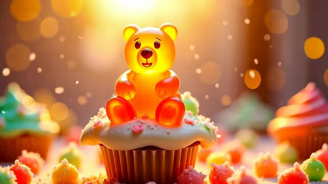 Gummy Bears, candy shop, sweet treat. Candy delight. Gummies glow under evening lights. Cupcake sweetness compliments dessert table. Confectionery enjoyment brings festive mood.