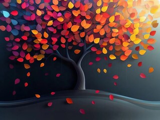 A vibrant, artful tree bursts with colorful foliage, with its leaves in hues of orange, red, and yellow in a mesmerizing display.