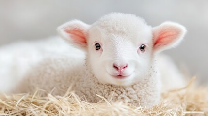 Obraz premium Cute, fluffy, white lamb resting in hay